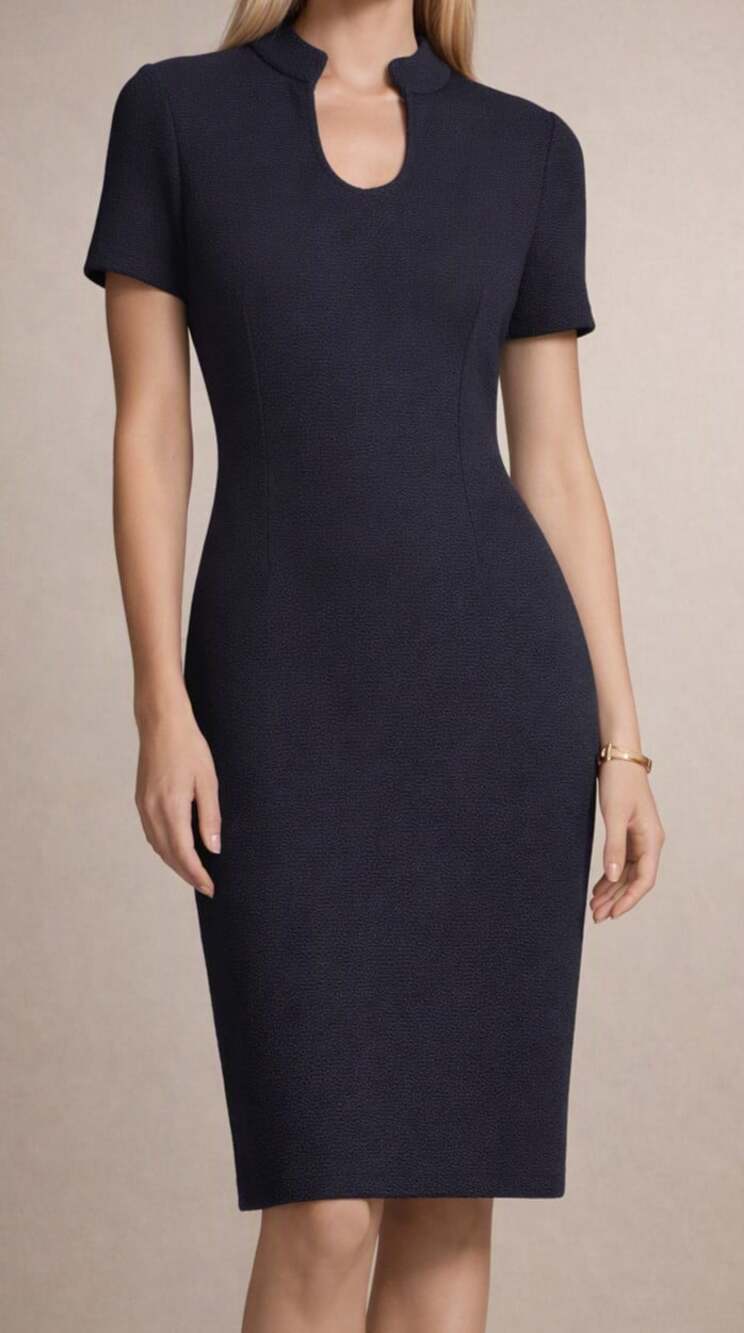 St John Caviar Navy Wool Sheath Dress Size 12 Luxe Classic Couture Elegant